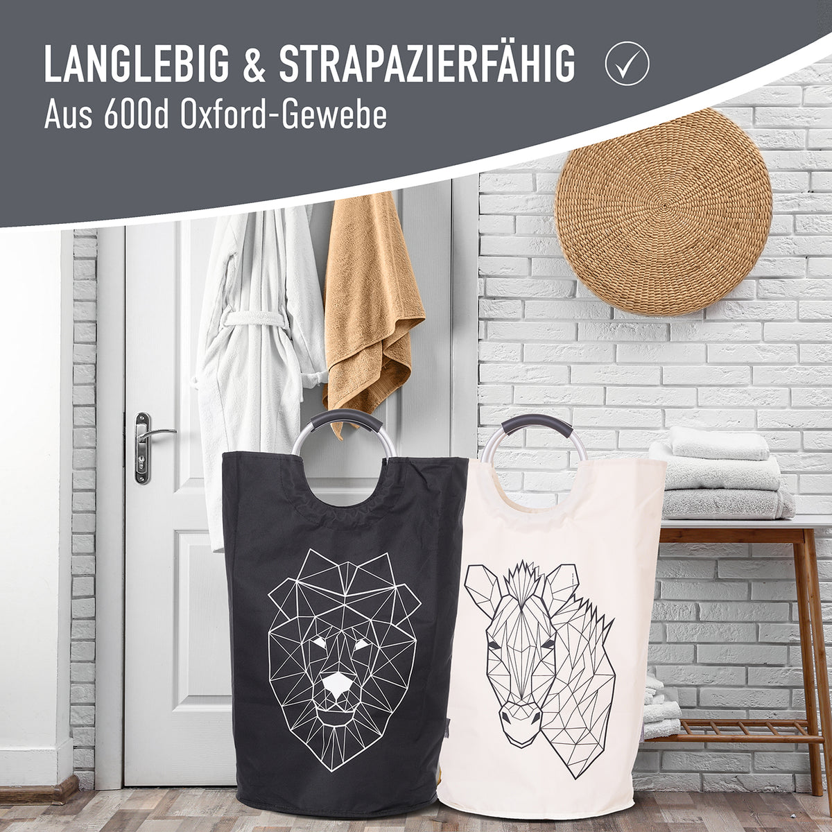 Faltbarer Wäschekorb - 2er Set - Motiv Löwe & Zebra aus robustem 600d Oxford-Gewebe, platzsparend und strapazierfähig.