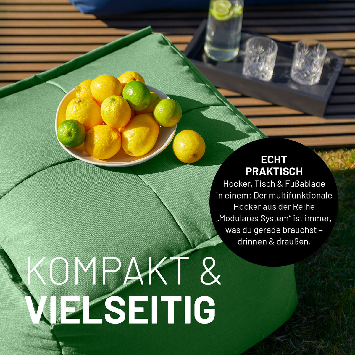Sitzsack-Hocker (200 L) - Modulares System - indoor & outdoor - Pastell Grün als vielseitiger Hocker, Tisch und Fußablage nutzbar.