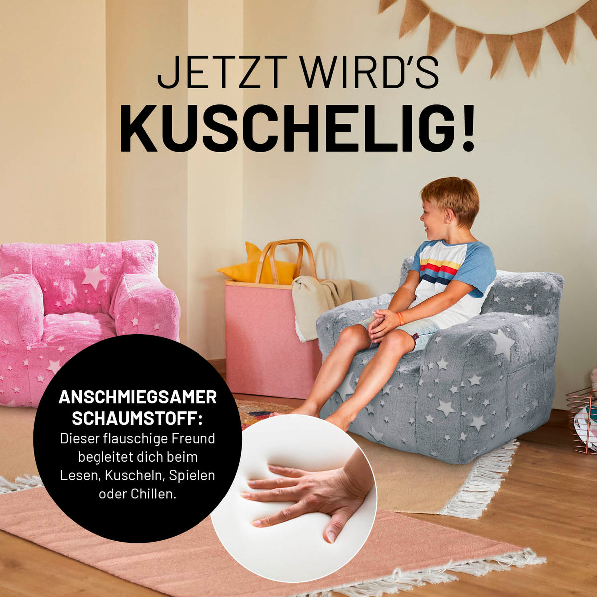 Kinderzimmer mit pinkem Sessel „Glow in the Dark“ - Pink mit leuchtendem Sternen-Design und kuscheligem Material für Komfort und Spielen