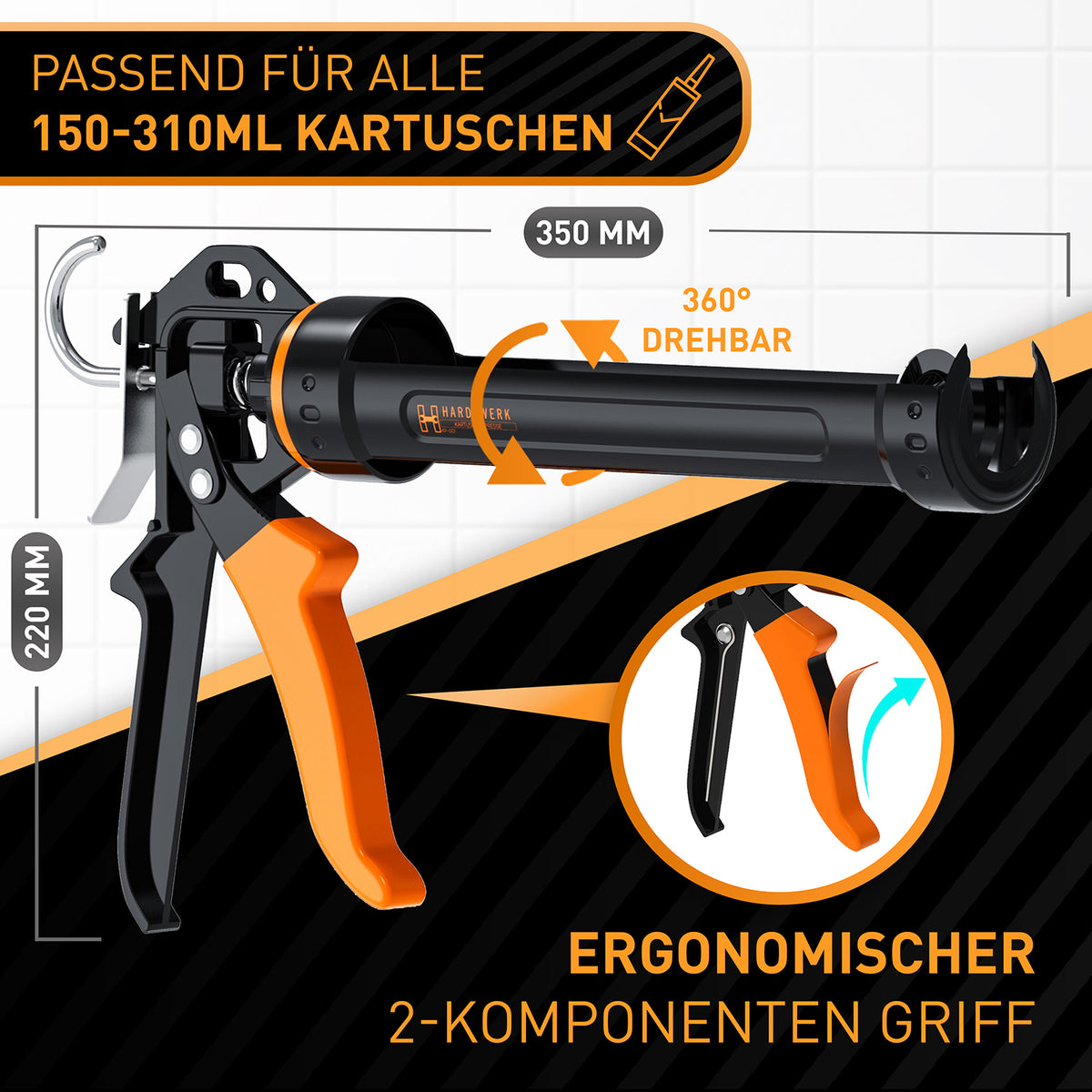 Profi Kartuschenpresse mit Kartuschen-Cutter, 360° drehbar, ergonomischer 2-Komponenten Griff, passend für 150-310ml Kartuschen.
