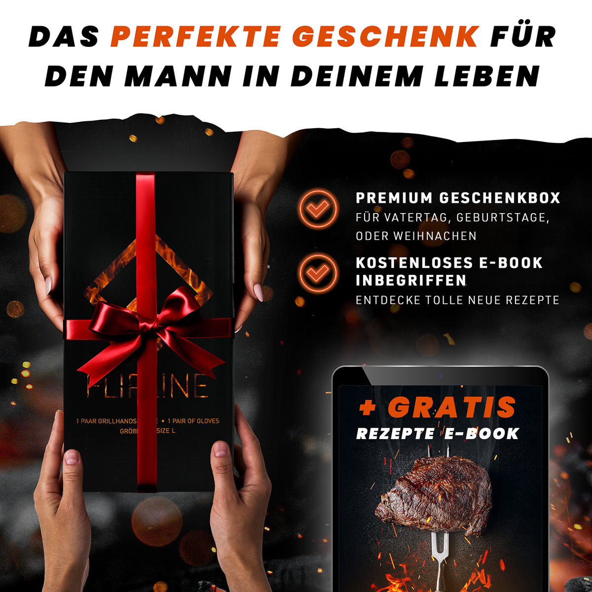 Grillhandschuhe - Größe L in Geschenkbox mit rotem Band, hitzebeständig, rutschfest und ideal zum Grillen oder Kochen.