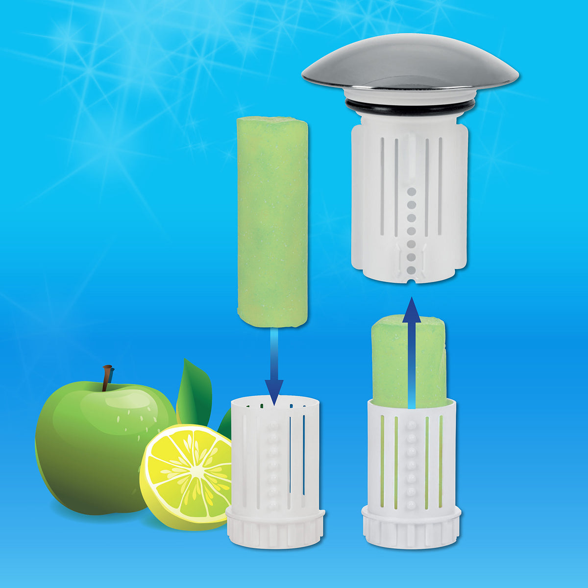 Abfluss-Fee Waschbecken - 1x Verschlussstopfen & 9x Duftstein Zitrone/Apfel mit Reinigungsstein gegen Gerüche und Verstopfungen.