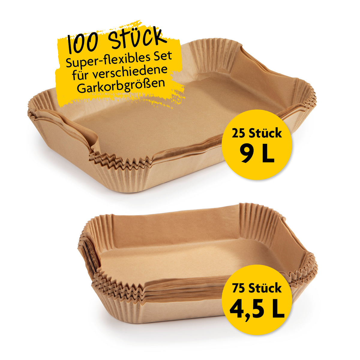 Backpapierschalen für Heißluftfritteusen 2er-Set (4,5 & 9 Liter) mit 2 Rezeptideen, hitzebeständig, antihaftbeschichtet, 100 Stück.