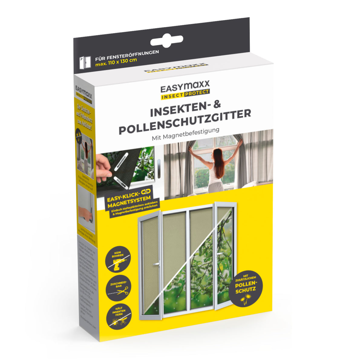 Insekten- & Pollenschutzgitter mit Magnetbefestigung - 4er-Set, 110x130cm, schwarz, für Fenster, einfach montierbar, schützt vor Insekten und Pollen.