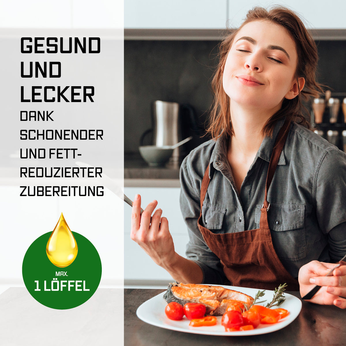 Frau genießt gesundes Essen, zubereitet mit FryUp Vertikale Doppelkammer-Heißluftfritteuse mit Sichtfenster für fettarme Mahlzeiten.