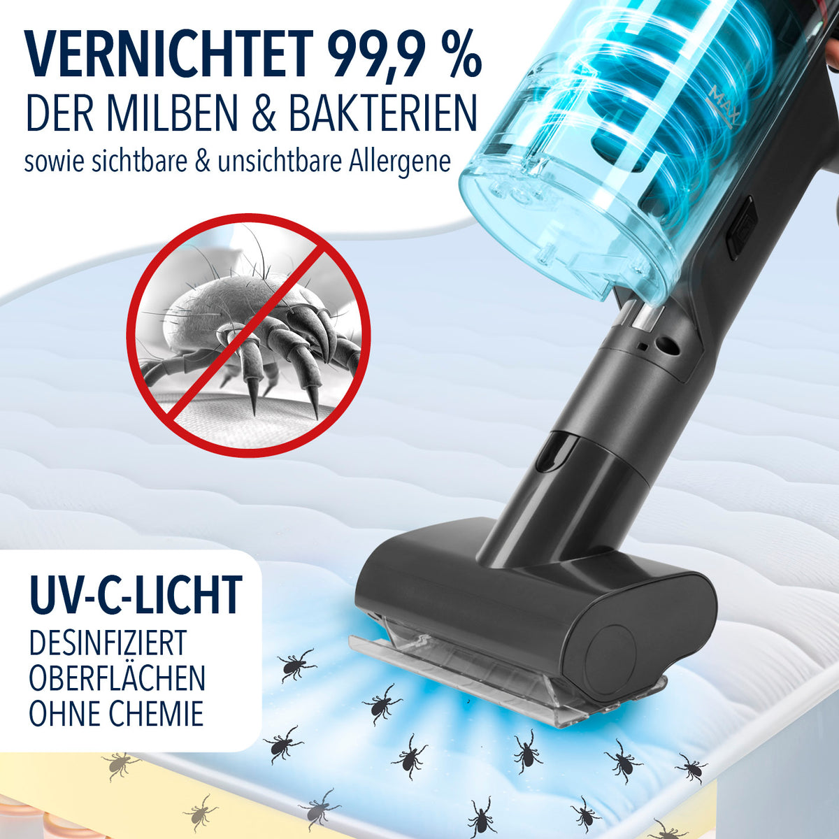 AeroTech 500 Staubsauger mit Absaugstation entfernt Milben, Bakterien und Allergene mit UV-C-Licht und HEPA-13-Filter.