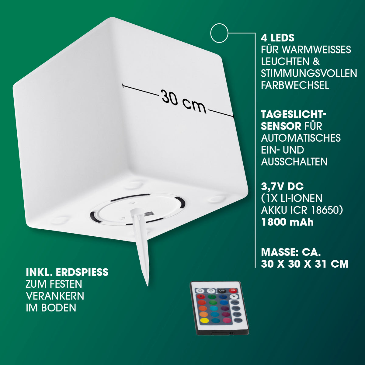 Solar-Leuchte Dekowürfel mit 4 LEDs, Farbwechsel, Tageslichtsensor und Erdspieß, ideal für stimmungsvolle Außenbeleuchtung.