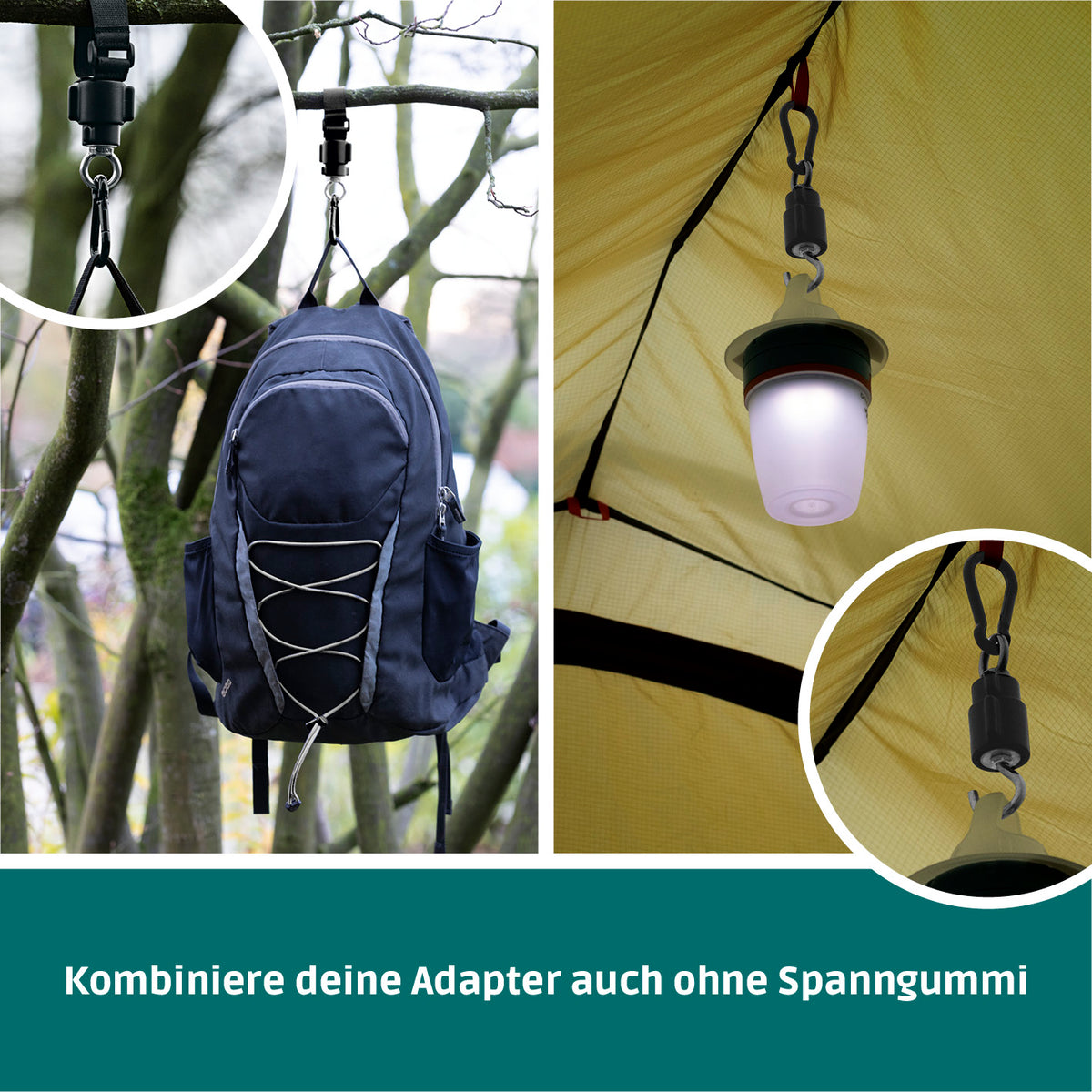 Multifunktionales Spanngummi-System - Premium-Set - 2er-Set zum flexiblen Befestigen von Rucksack und Lampe mit Haken und Karabinerhaken.