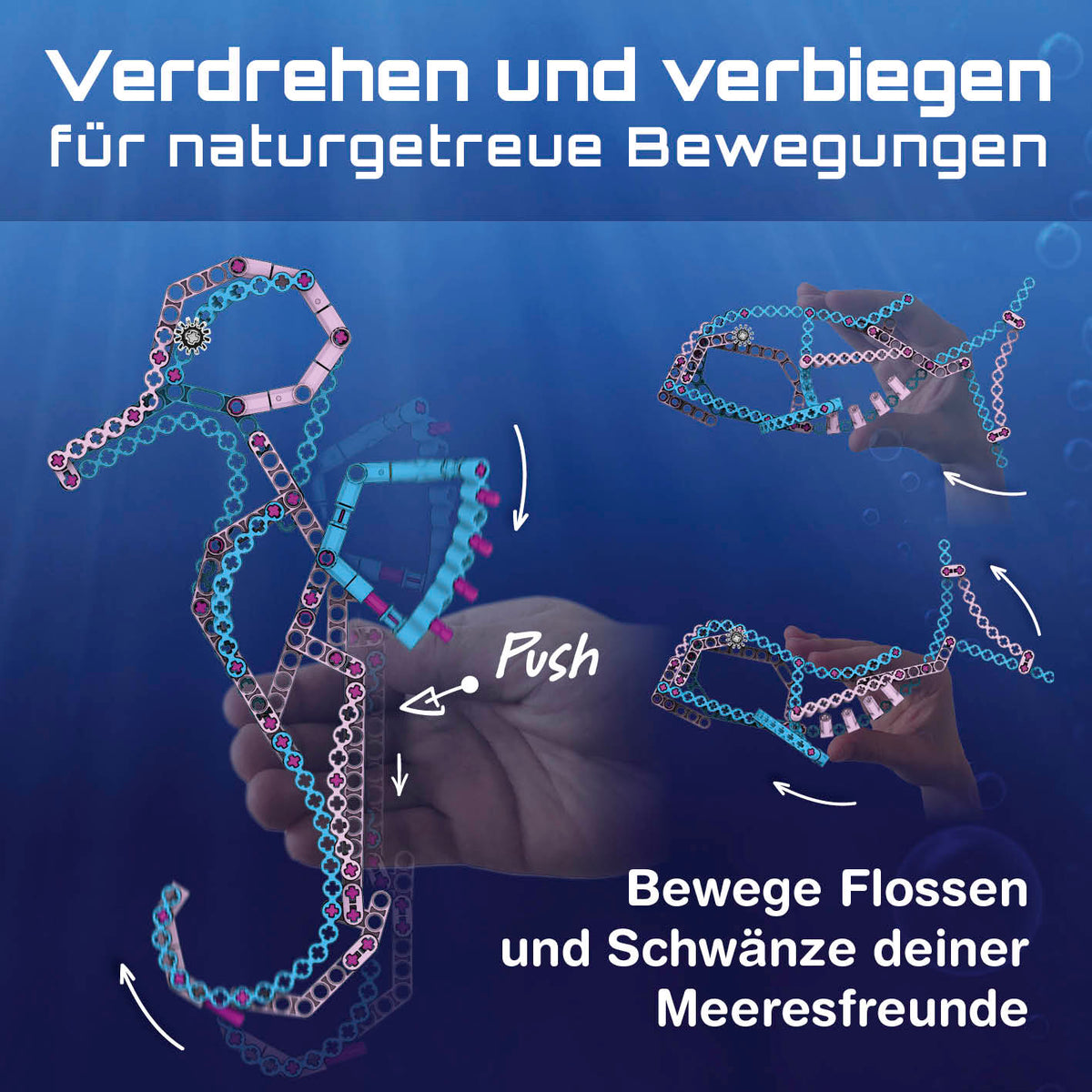 Baustein-Set Seepferdchen zeigt biegsame Bausteine für naturgetreue Bewegungen von Flossen und Schwänzen unter Wasser.