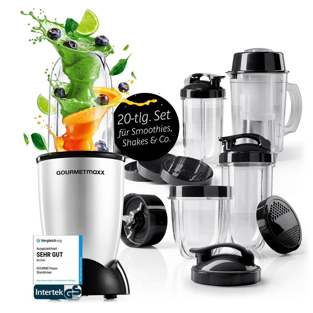 Mr. Magic Power 400 Pro mit Zubehörset XL - Silber/Schwarz Standmixer mit 20-teiligem Set für Smoothies, Shakes und mehr