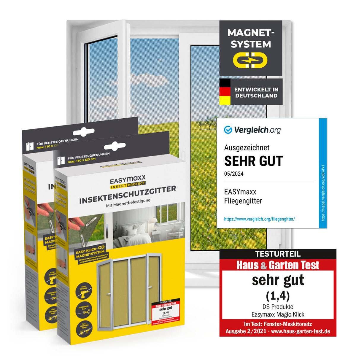 Insektenschutzgitter mit Magnetbefestigung - 2er-Set - 110 x 130 cm - Schwarz, einfach montierbar, hält Insekten zuverlässig draußen.