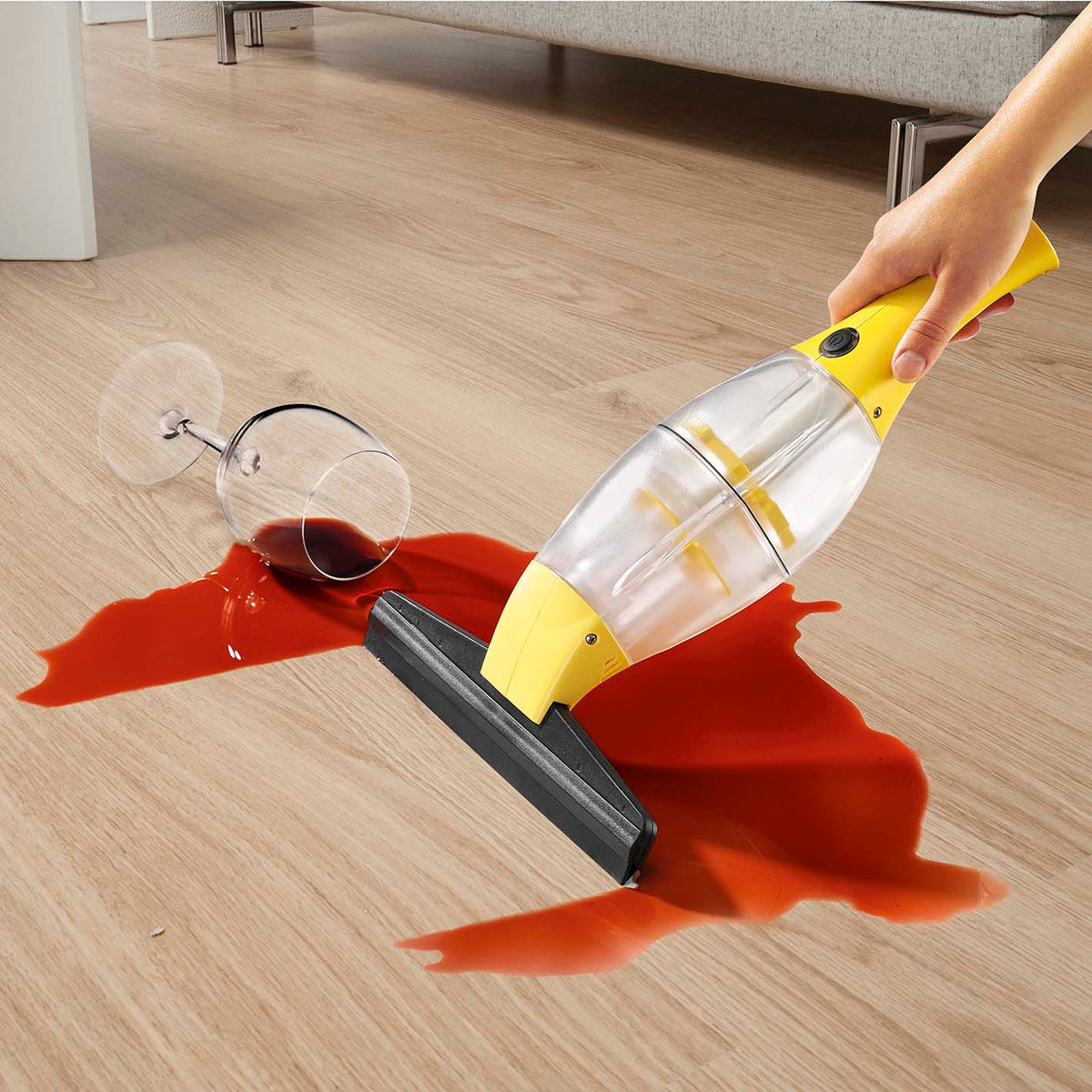 Akku-Fensterreiniger - Gelb saugt verschütteten Rotwein auf glattem Boden kabellos ohne Herabtropfen auf.