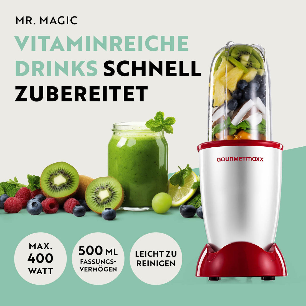 Mr. Magic Power 400 Pro mit Zubehörset L - Silber/Rot kompakter Standmixer für schnelle und einfache Zubereitung vitaminreicher Getränke.