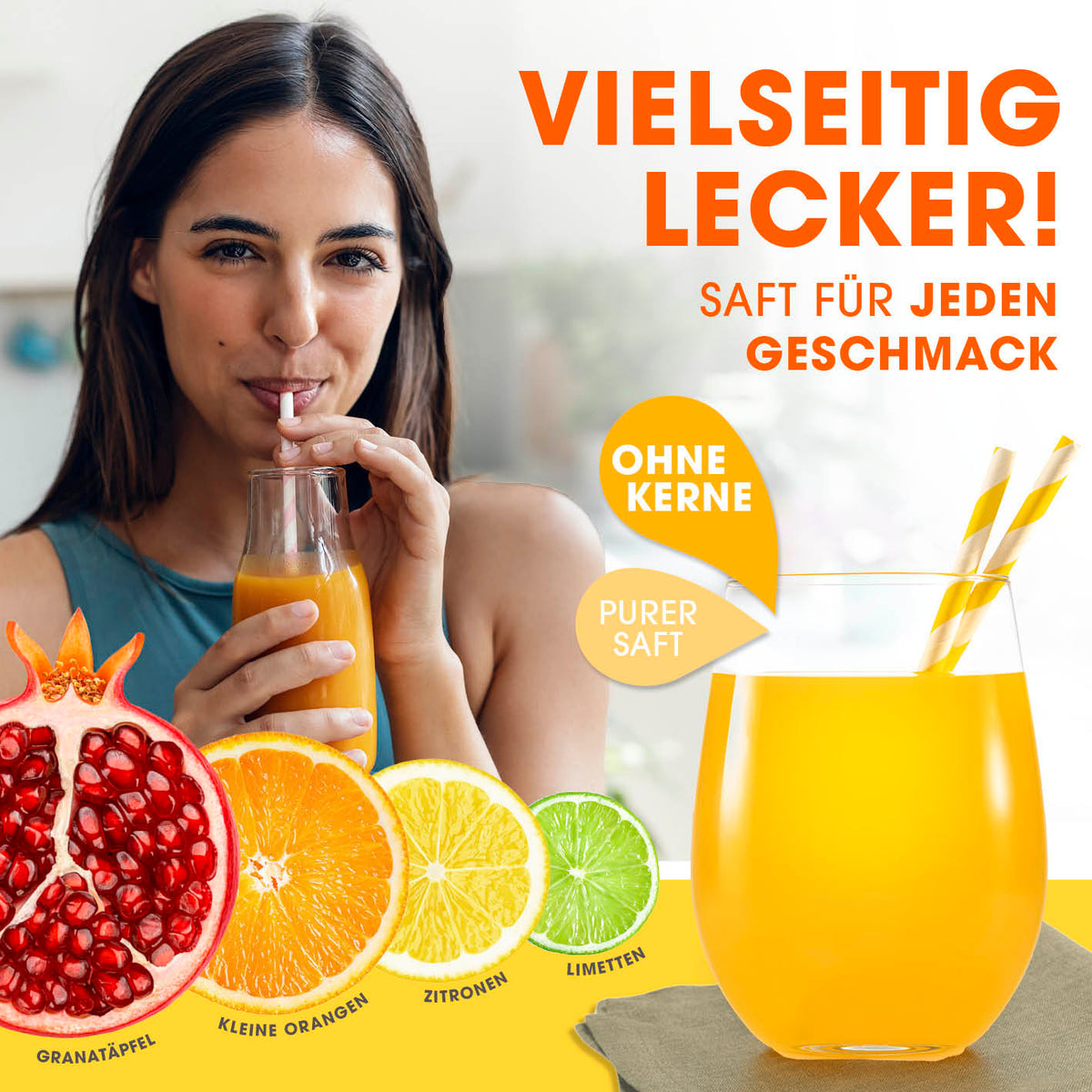 Set Saftpresse & Orangenspender - Schwarz/Silber mit frischem Saft aus Granatapfel, Orangen, Zitronen und Limetten ohne Kerne.