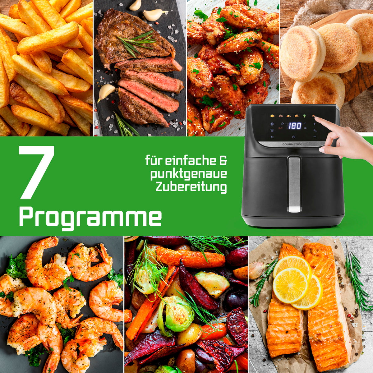 Heißluftfritteuse - 5,5 Liter mit 7 Programmen, LED-Touchdisplay und fettarmer Heißluftzirkulation für vielseitige Gerichte.