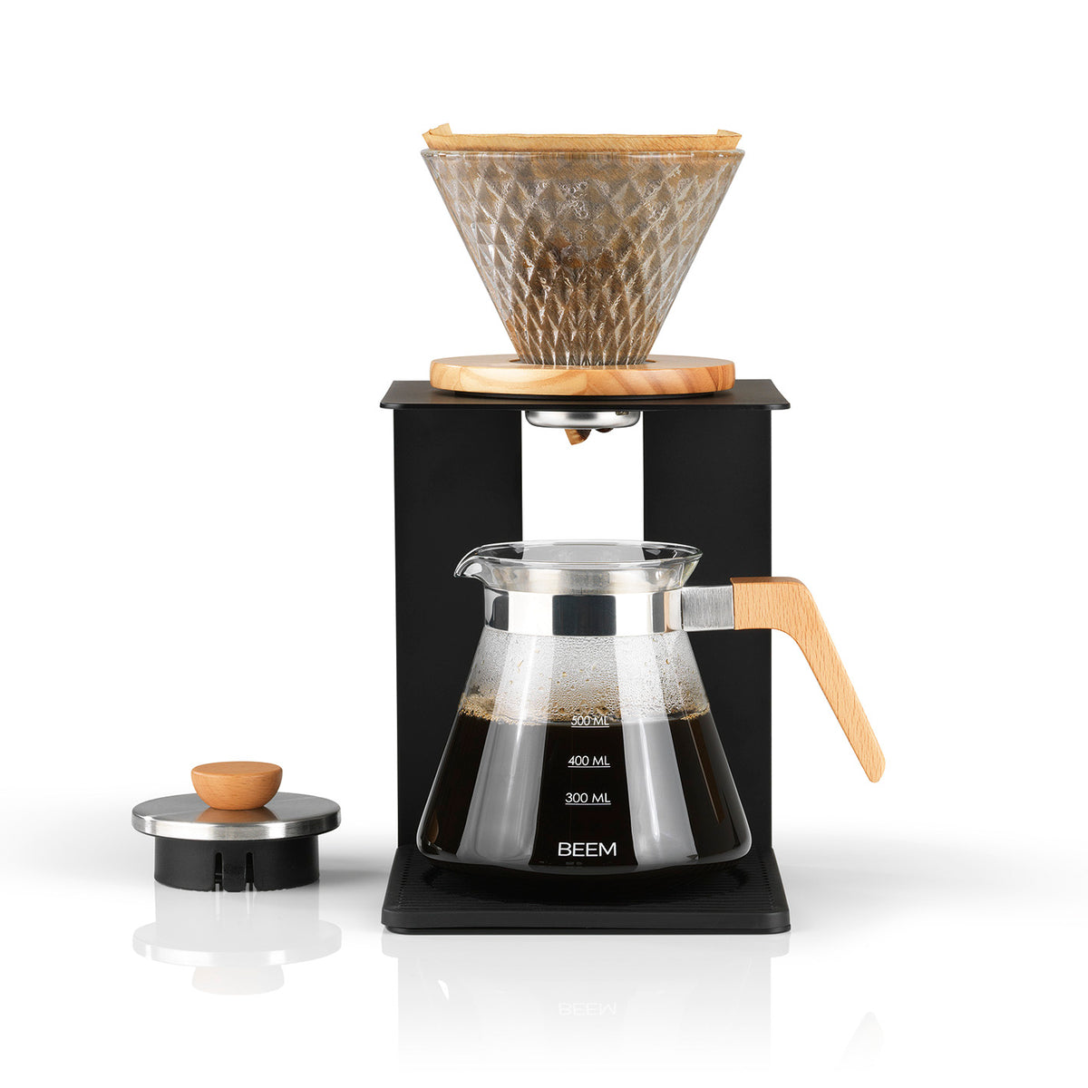 Kaffeebereiter Set Pour Over - 4-tlg. - 600 ml - schwarz/Edelstahl mit Glaskanne, Holzgriff und flexibel einstellbarem Gestell.