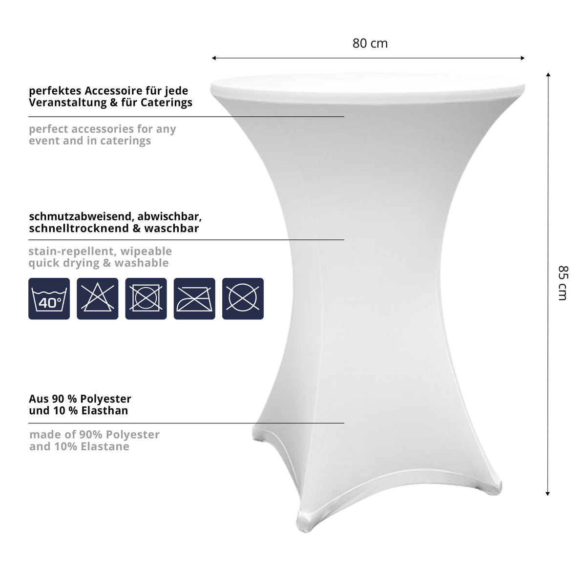 Stehtischhusse Ø 80-85 cm Weiß 2er-Set, abwischbar, schmutzabweisend, schnelltrocknend, aus 90% Polyester und 10% Elasthan, waschbar bei 40 °C