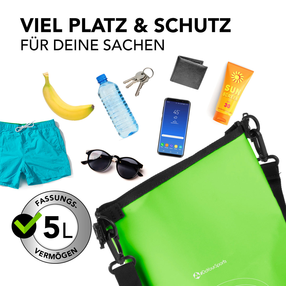 Dry Bag 5L - Grün mit robustem, wasserdichtem Rolltop-Verschluss und verstellbarem Schultergurt für sicheren Outdoor-Schutz.