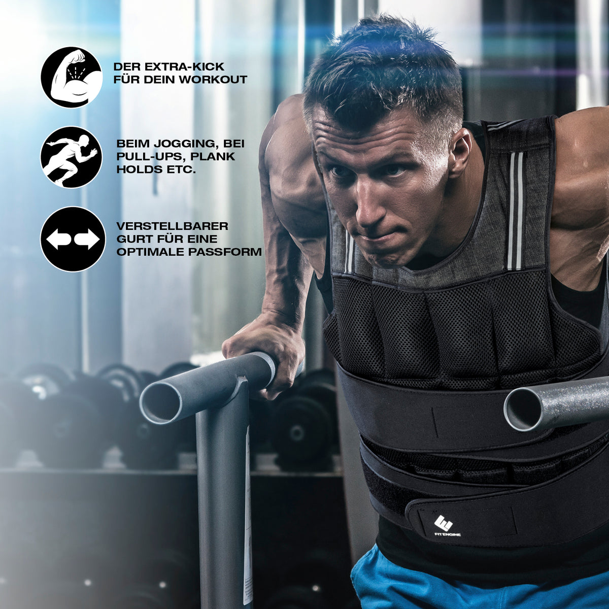 Gewichtsweste - 20 kg mit verstellbarem Gurt und schweißabweisendem Material für intensives Training bei Jogging, Pull-ups und Plank Holds.