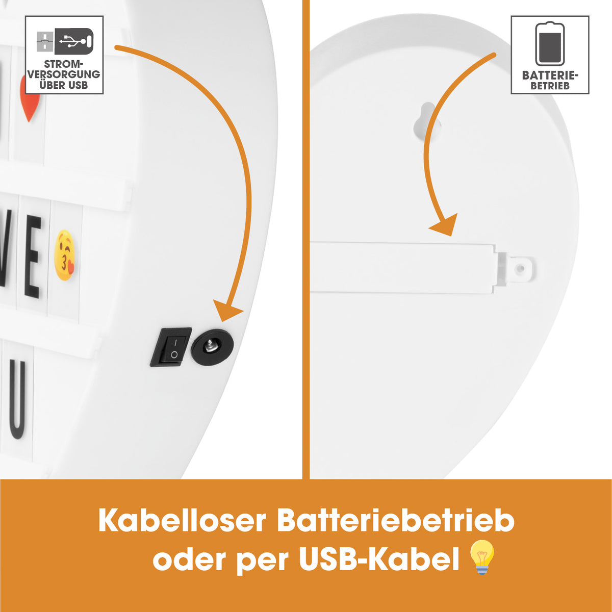 LED-Leuchtkasten Herz - 173 Buchstaben & 150 Moodjis mit kabellosem Batteriebetrieb oder USB-Stromversorgung für flexible Lichtdekoration.