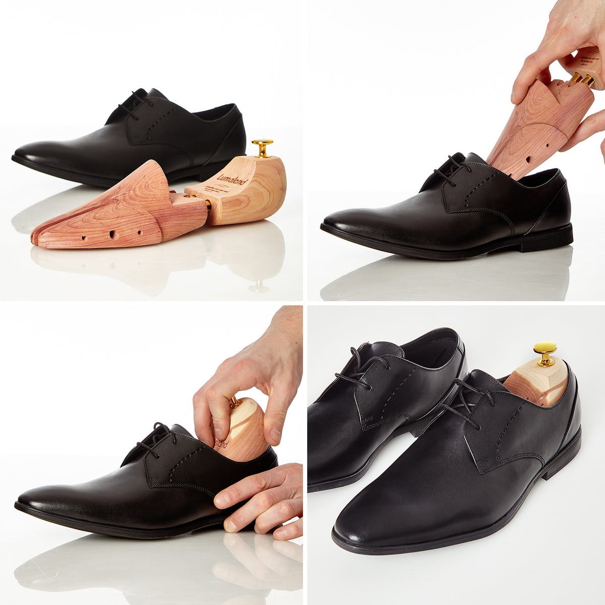 Schuhspanner unisex - Zedernholz - Größe 38/39 in verschiedenen Ansichten eingeführt und in elegante schwarze Schuhe eingesetzt.