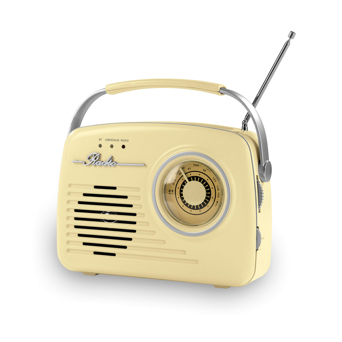 Radio Retro - Vanille 50er Jahre AM/FM-Radio mit Teleskopantenne, Tragegriff, USB, AUX und Bluetooth-Funktion in Vanillefarbe.