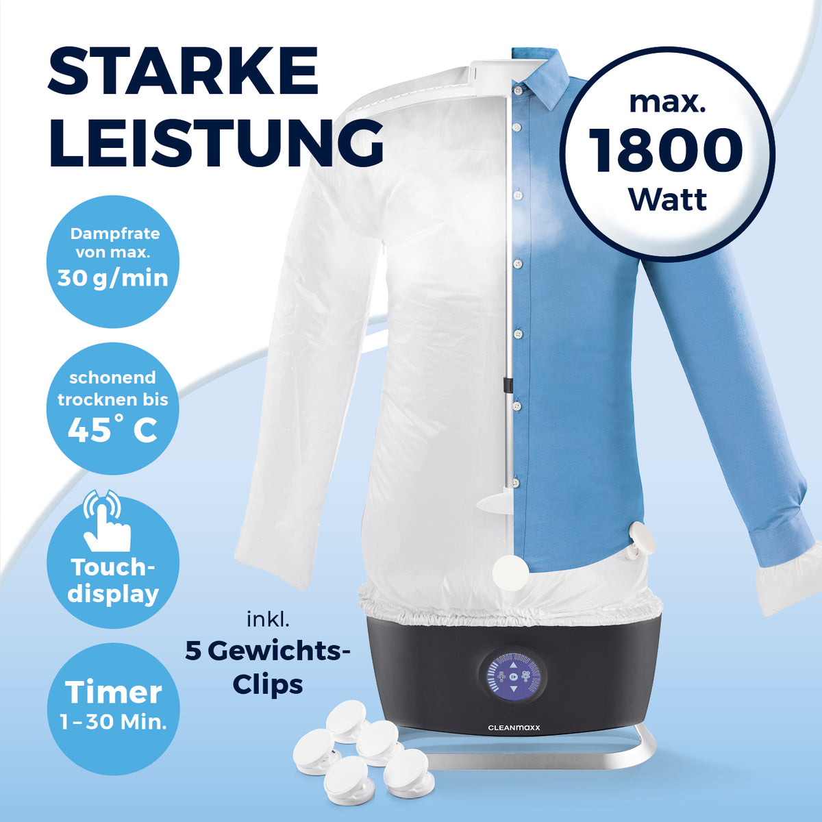 Hemdenbügler PRO STEAM - Schwarz mit 1800 Watt, Touch-Display, Timer und 5 Gewichts-Clips für schonendes Bügeln und Trocknen.