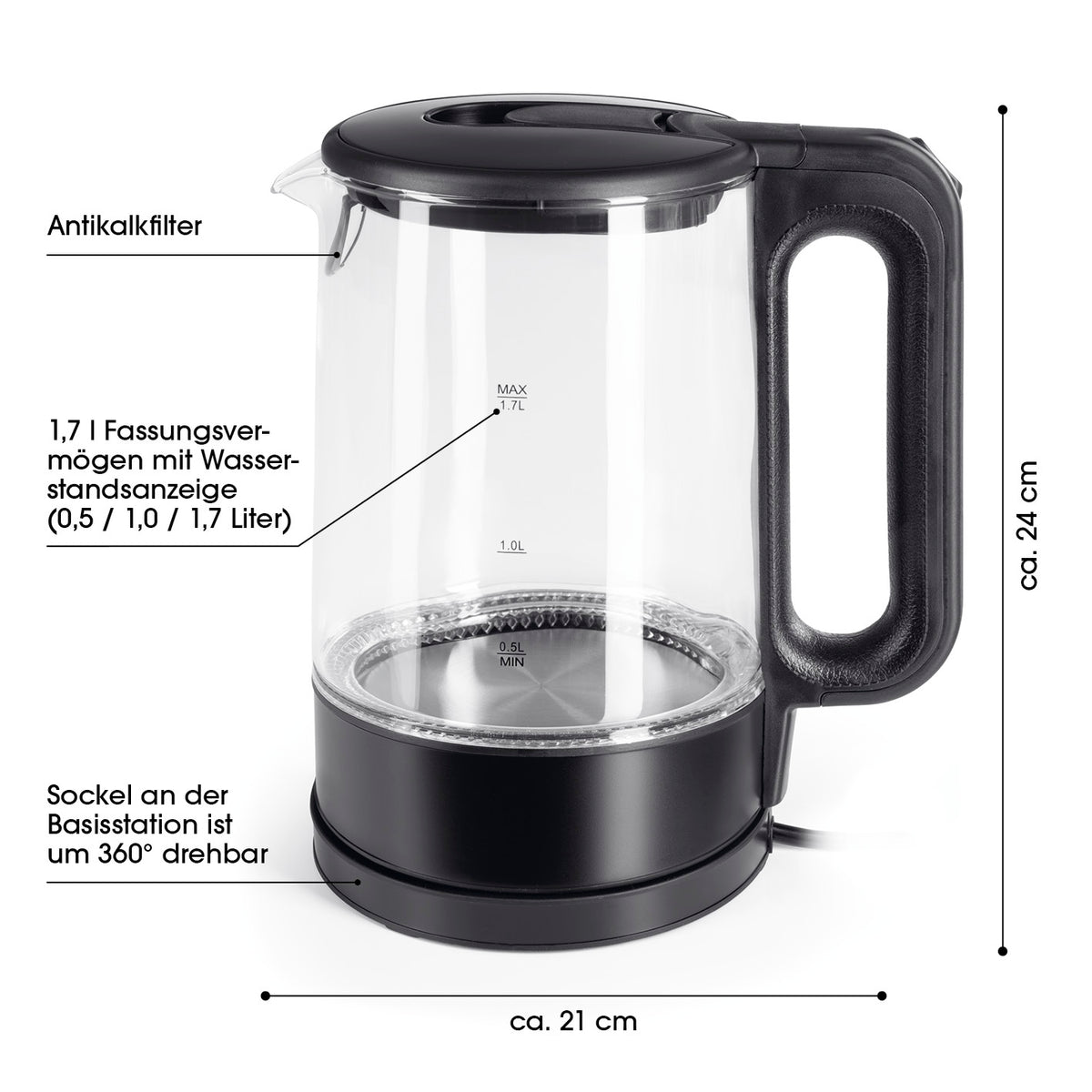 Glas-Wasserkocher LED - 1,7l - schwarz matt mit Wasserstandsanzeige, Antikalkfilter, 360° drehbarem Sockel und modernem Design.