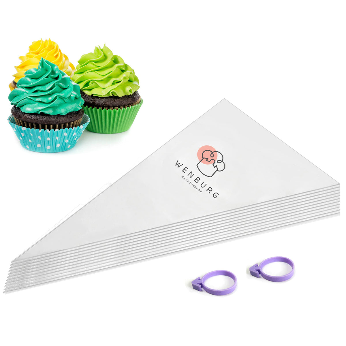 Einwegspritzbeutel-Set - 100 Stck. von Wenburg mit 2 Gummis, ideal zum Dekorieren von Torten, Muffins und Cupcakes.