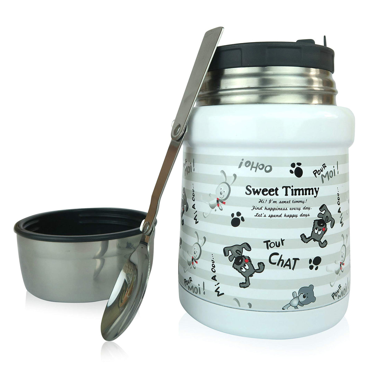 Thermobehälter - 450 ml - Edelstahl - Hunde/Grau mit Doppelwand, Auslaufsicher, inklusive Löffel und praktischem Deckel als Schüssel.