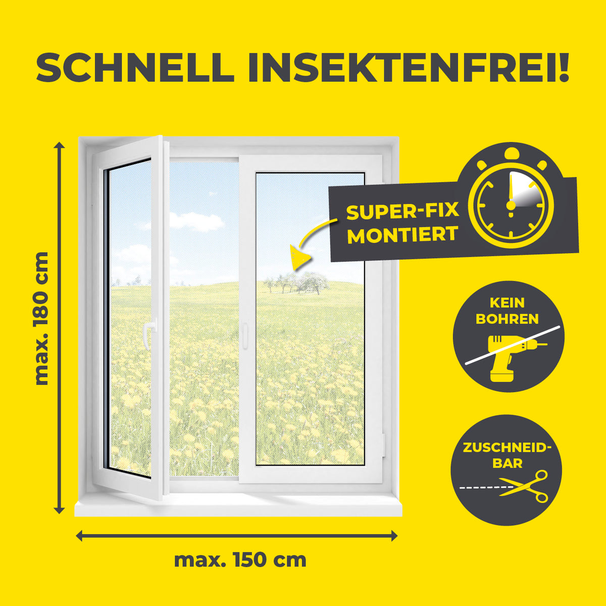 Insektenschutzgitter mit Magnetbefestigung - 4er-Set - 150 x 180 cm - Weiß, schnell montierbar, kein Bohren, zuschneidbar, schützt vor Insekten.