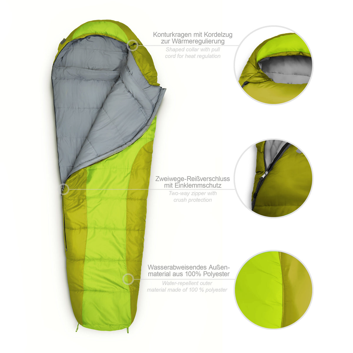 Camping Schlafsack Small & Light Mumienschlafsack hellgrün, wasserabweisend, mit Kordelzug, Zweiwege-Reißverschluss und Thermokragen, 220x80x50 cm.