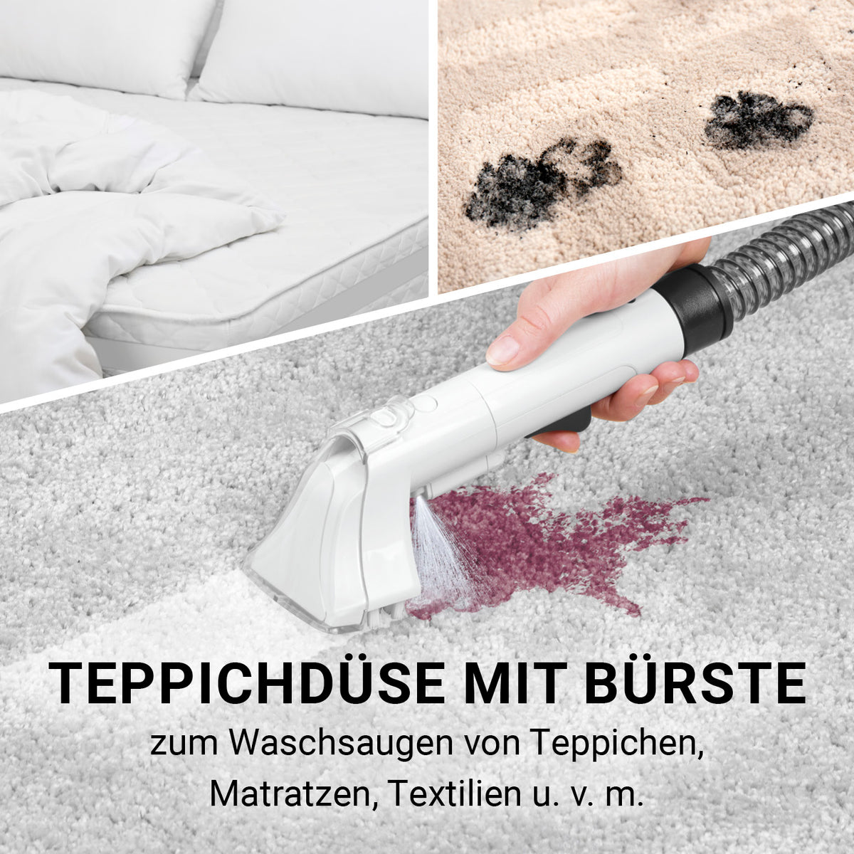 Waschsauger Portable Clean mit Teppichdüse und Bürste entfernt Flecken effektiv von Teppichen, Matratzen und Textilien.
