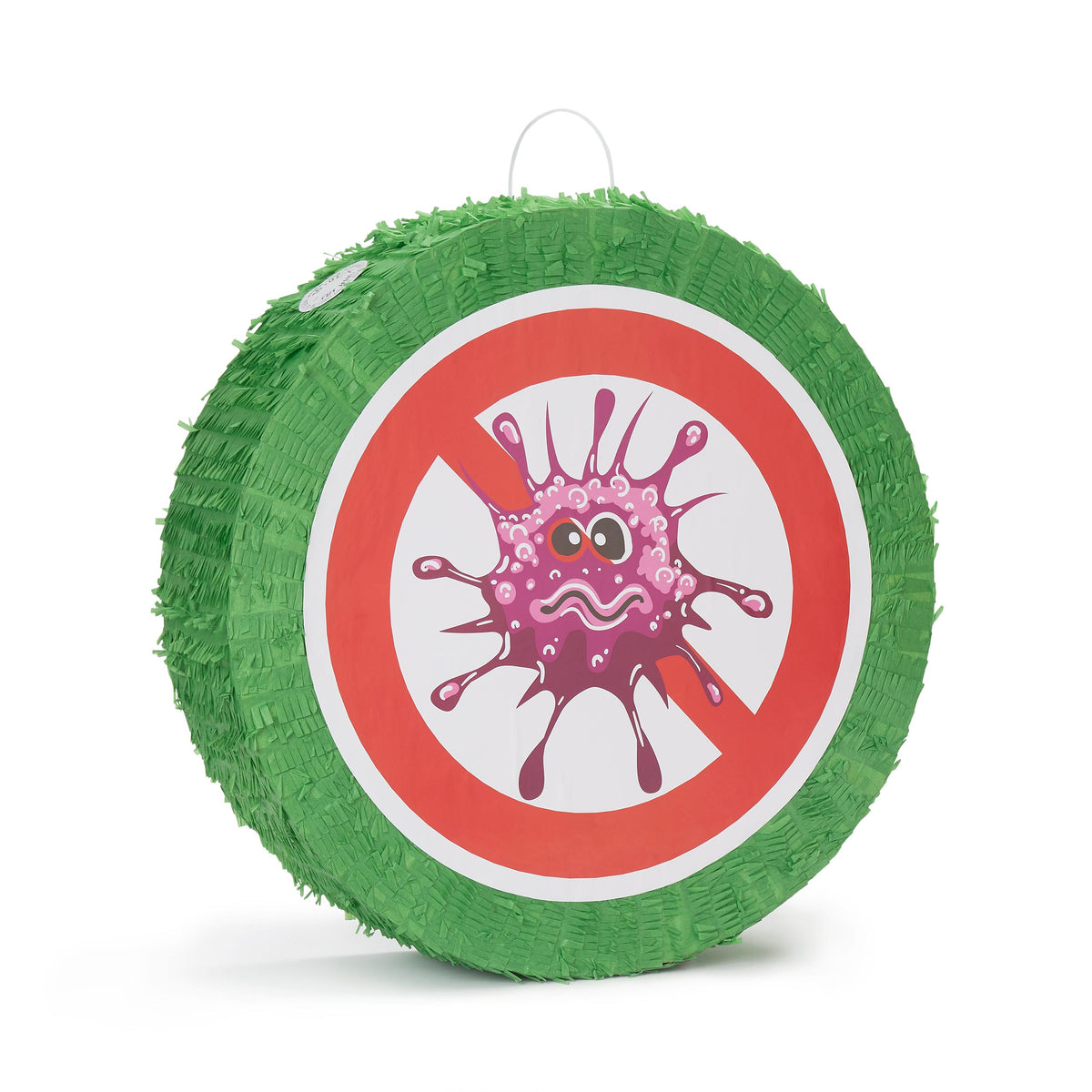 Pinata Set zum Befüllen inkl. Schläger & Augenbinde "Beat The Virus" mit grünem Virus-Motiv und Konfetti für Kindergeburtstag.