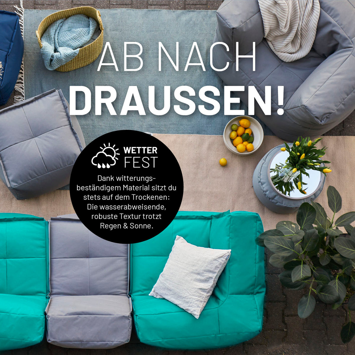 Sitzsack-Sofa Ecke (340 L) in Türkis und Grau, wetterfest, modular, mit extra starkem Material für indoor & outdoor Gebrauch.
