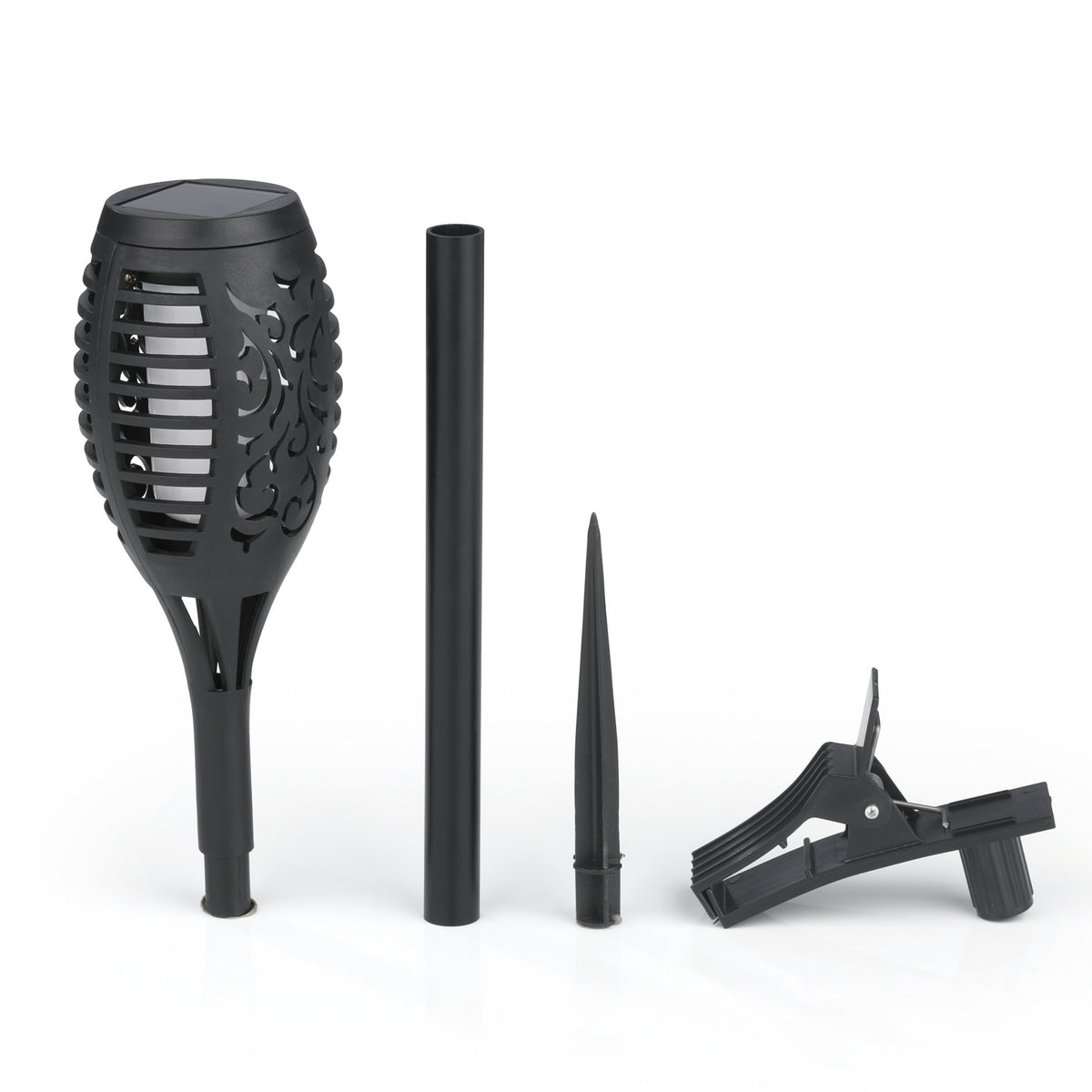 Solar-Fackel LED mit Tageslichtsensor - 2er-Set - schwarz, wetterbeständig mit Flammeneffekt, Clip und Erdspieß zur Befestigung.