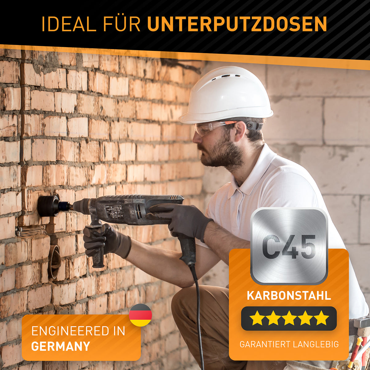 Bohrkronen Set - 68mm + SDS-Plus-Adapter für Unterputzdosen aus langlebigem C45 Karbonstahl, inklusive SDS-Plus-Adapter und Aufbewahrungsbox.