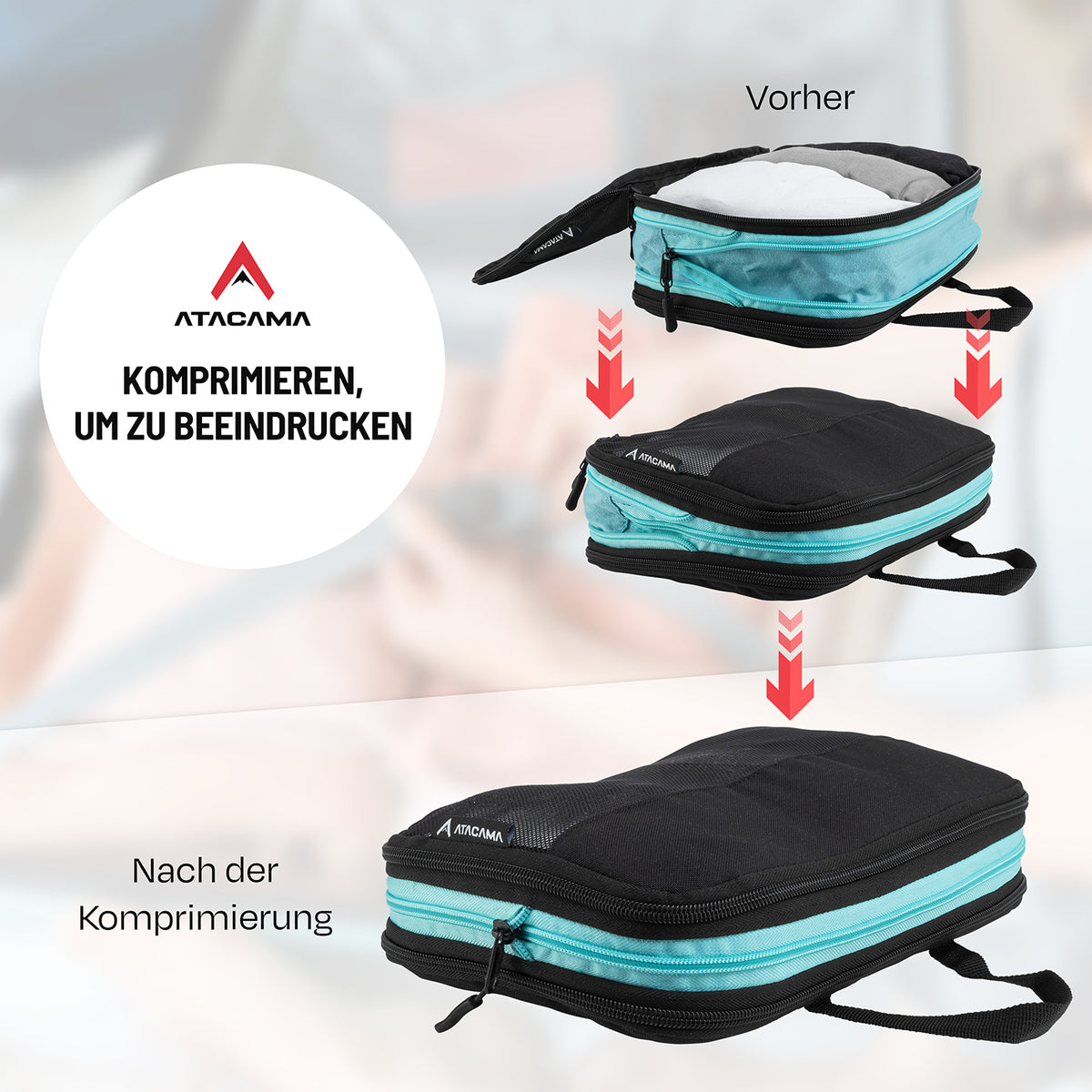 Packtaschen mit Kompression - 6er-Set - Schwarz zeigt den Volumenunterschied vor und nach dem Komprimieren der Kleidung.