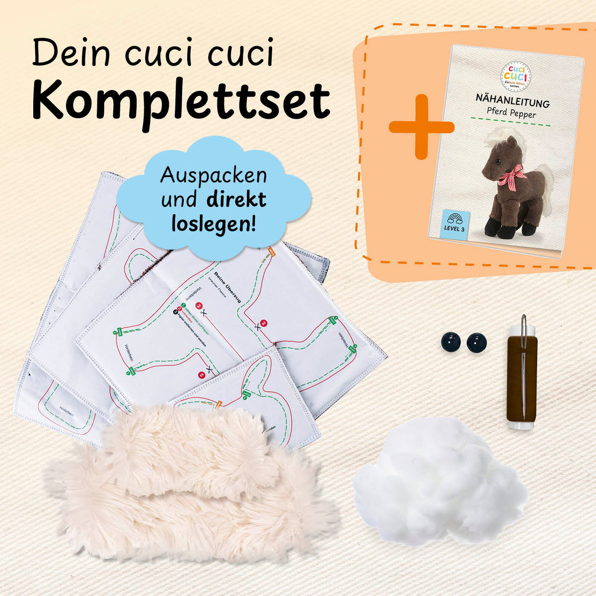 Näh-Baukastenset Motiv Pferd Pepper mit kompletten Materialien und Anleitung für kinderleichtes Nähen ab Level 2 von cuci cuci.
