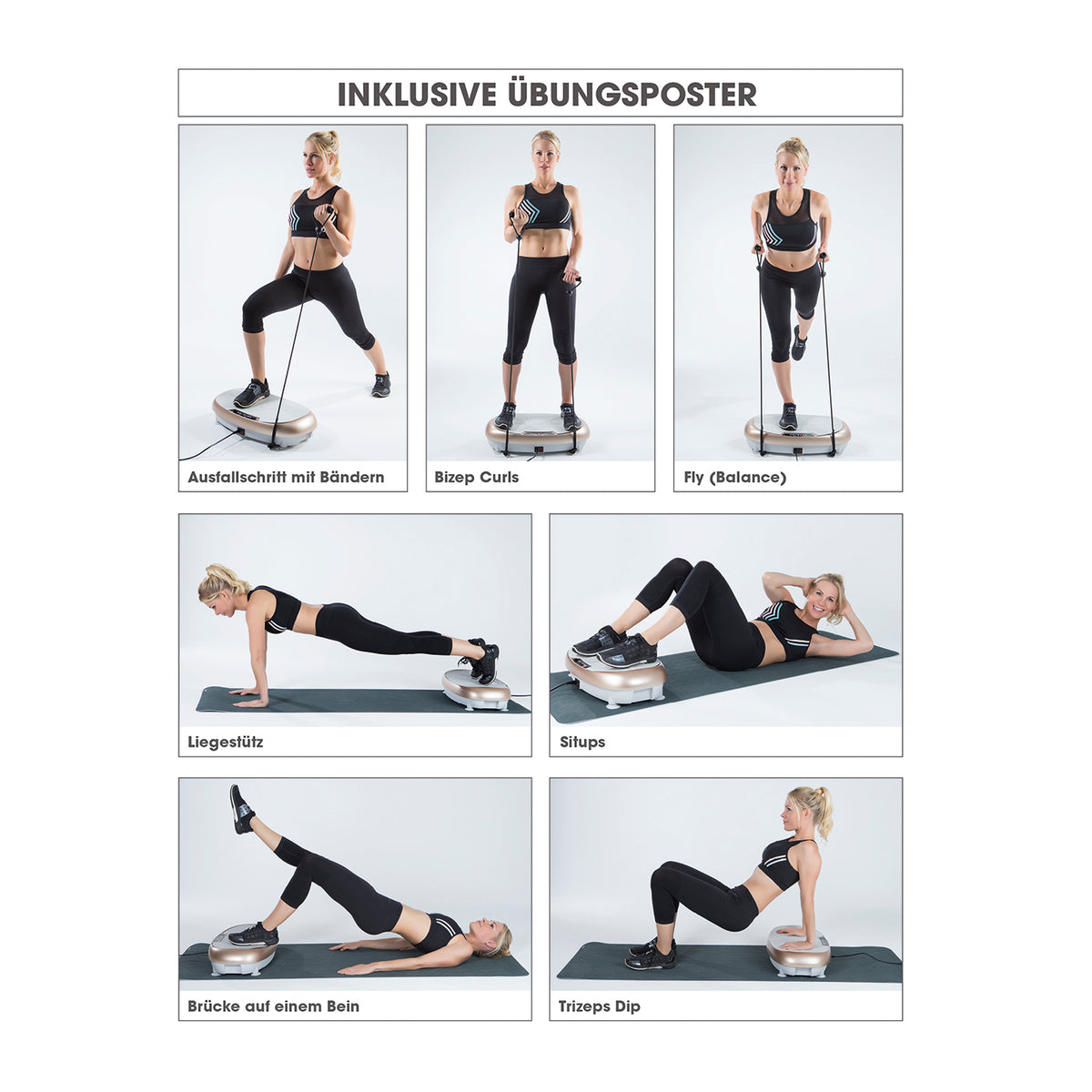 Vibrationstrainer - Champagner/Grau mit Expanderbändern zeigt verschiedene Übungen wie Bizeps Curls und Situps zur Muskelstärkung.
