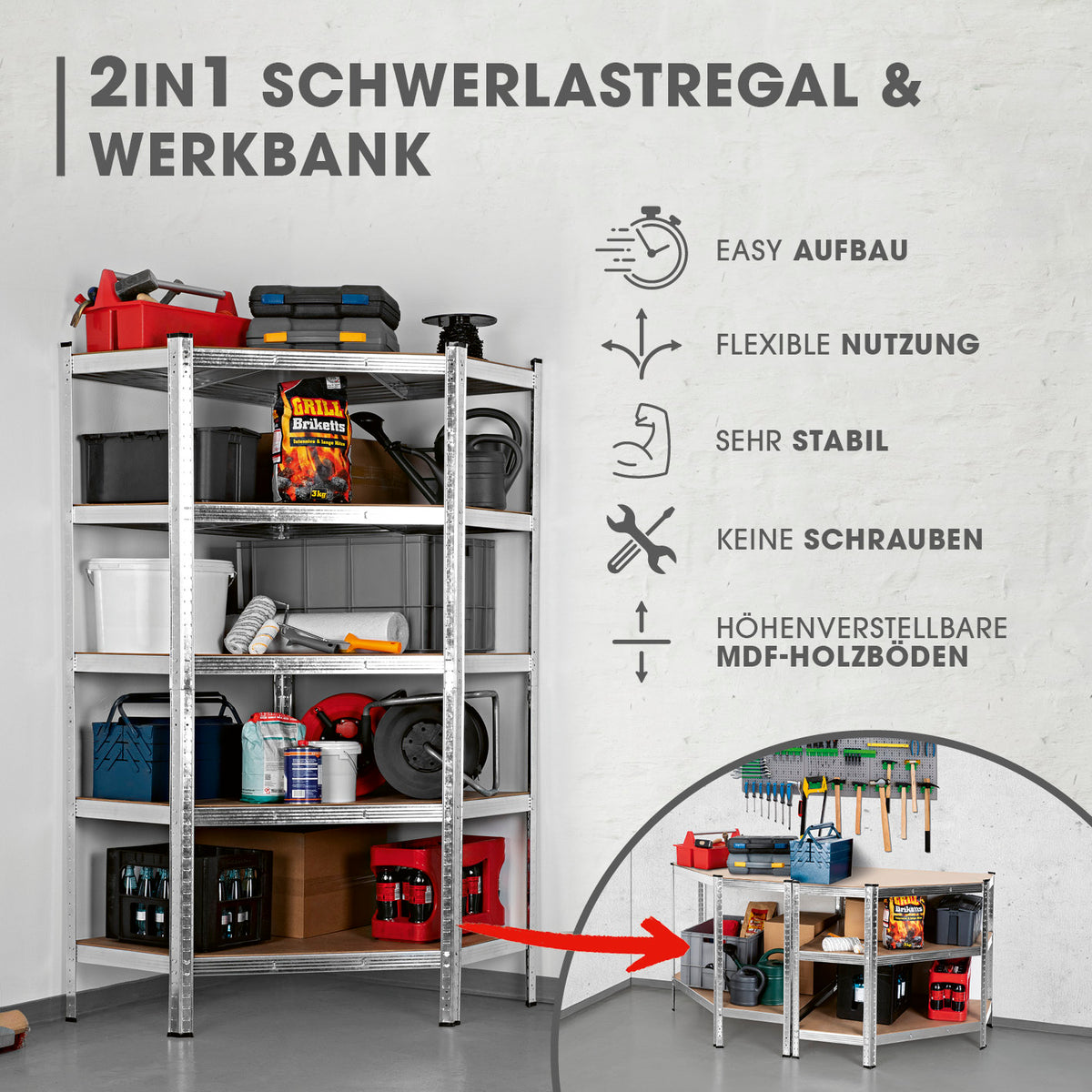 Schwerlast-Eckregal & Werkbank - 180 x 90 x 40 cm - 875 kg Traglast, 175 kg pro Ebene, stabile Metallkonstruktion mit MDF-Böden.