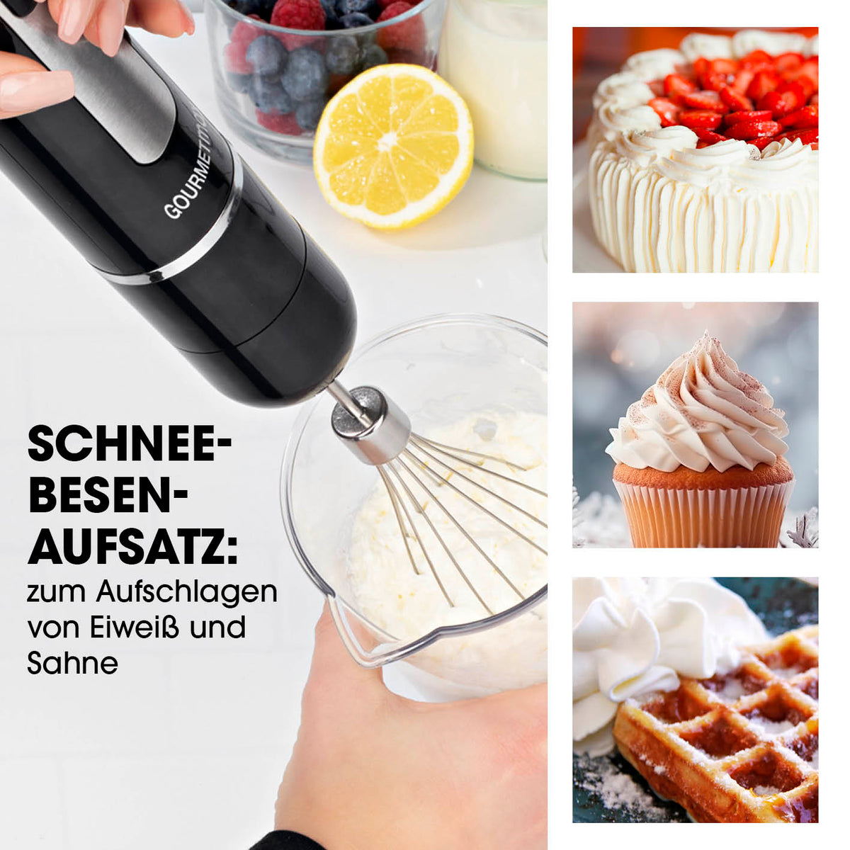 Akku-Stabmixer mit XL-Zubehör-Set mit Schneebesenaufsatz zum Aufschlagen von Eiweiß und Sahne für vielseitige Küchenanwendungen.
