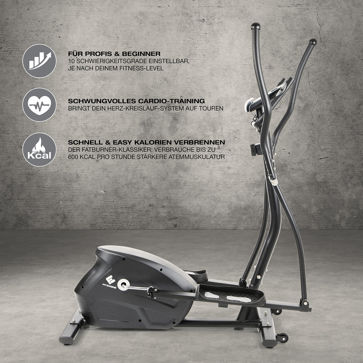 Crosstrainer - belastbar bis 150 kg mit 10 Schwierigkeitsstufen, Pulssensoren, großem Display und rutschfesten Pedalen für effektives Cardiotraining.