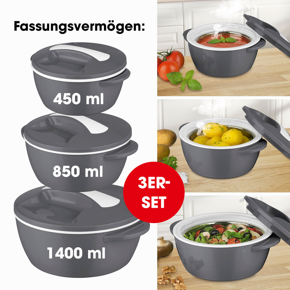 Thermo-Schüssel Mikrowelle 3er-Set grau/weiß mit 450, 850 und 1400 ml Fassungsvermögen, doppelwandig, Edelstahl und dichtem Drehverschluss.