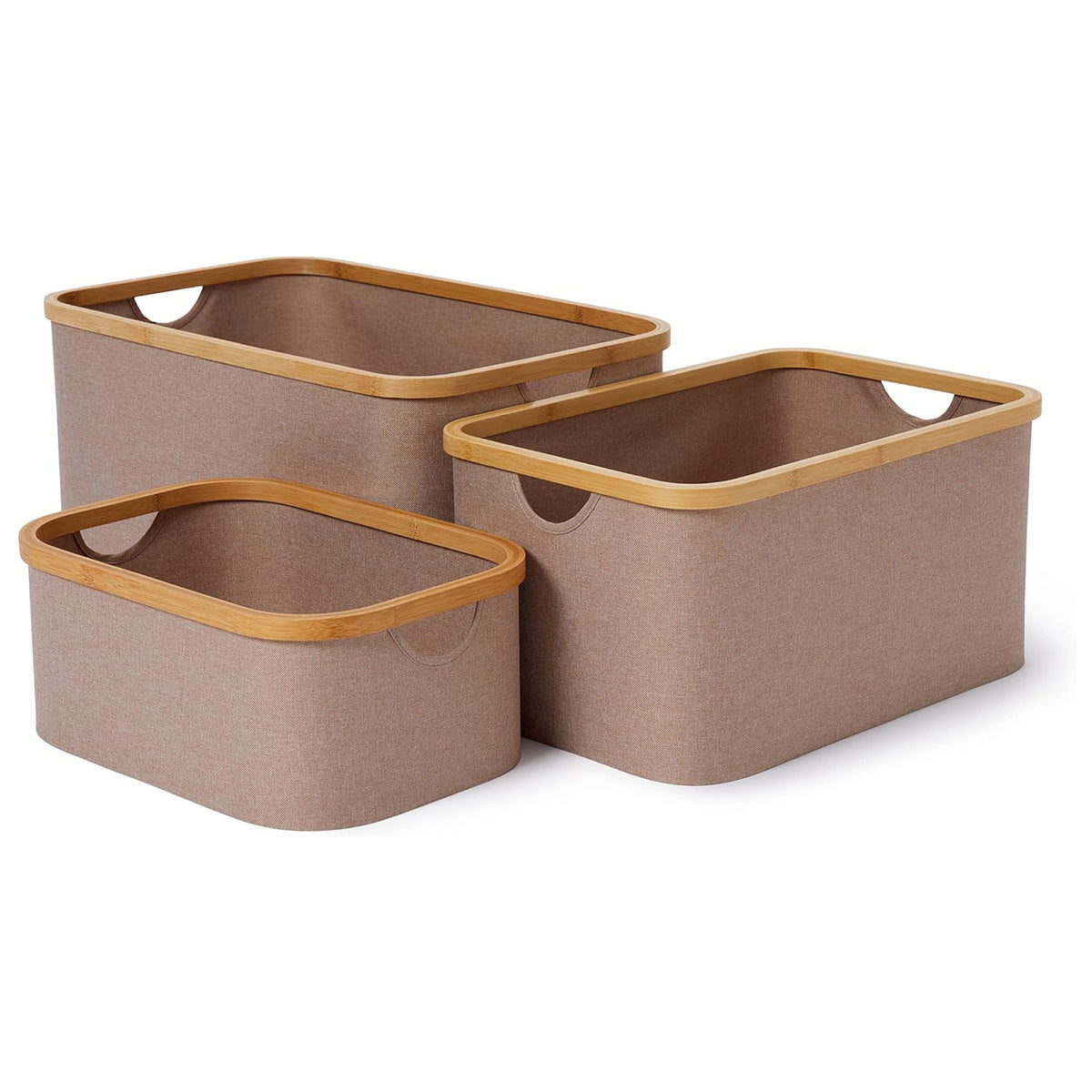 Aufbewahrungsboxen mit Bambus-Rahmen - 3er-Set in Taupe, stapelbar, rechteckig, pflegeleicht und in verschiedenen Größen von LUMALAND.