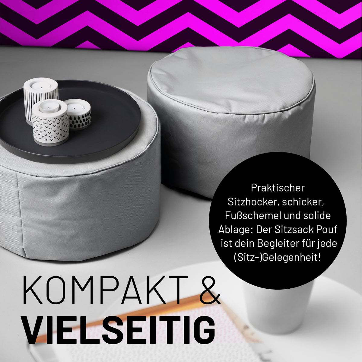 Sitzsack-Hocker/Pouf (50 L) - indoor & outdoor - Silbergrau, vielseitig nutzbar als Sitzhocker, Fußschemel und Ablage, pflegeleicht.