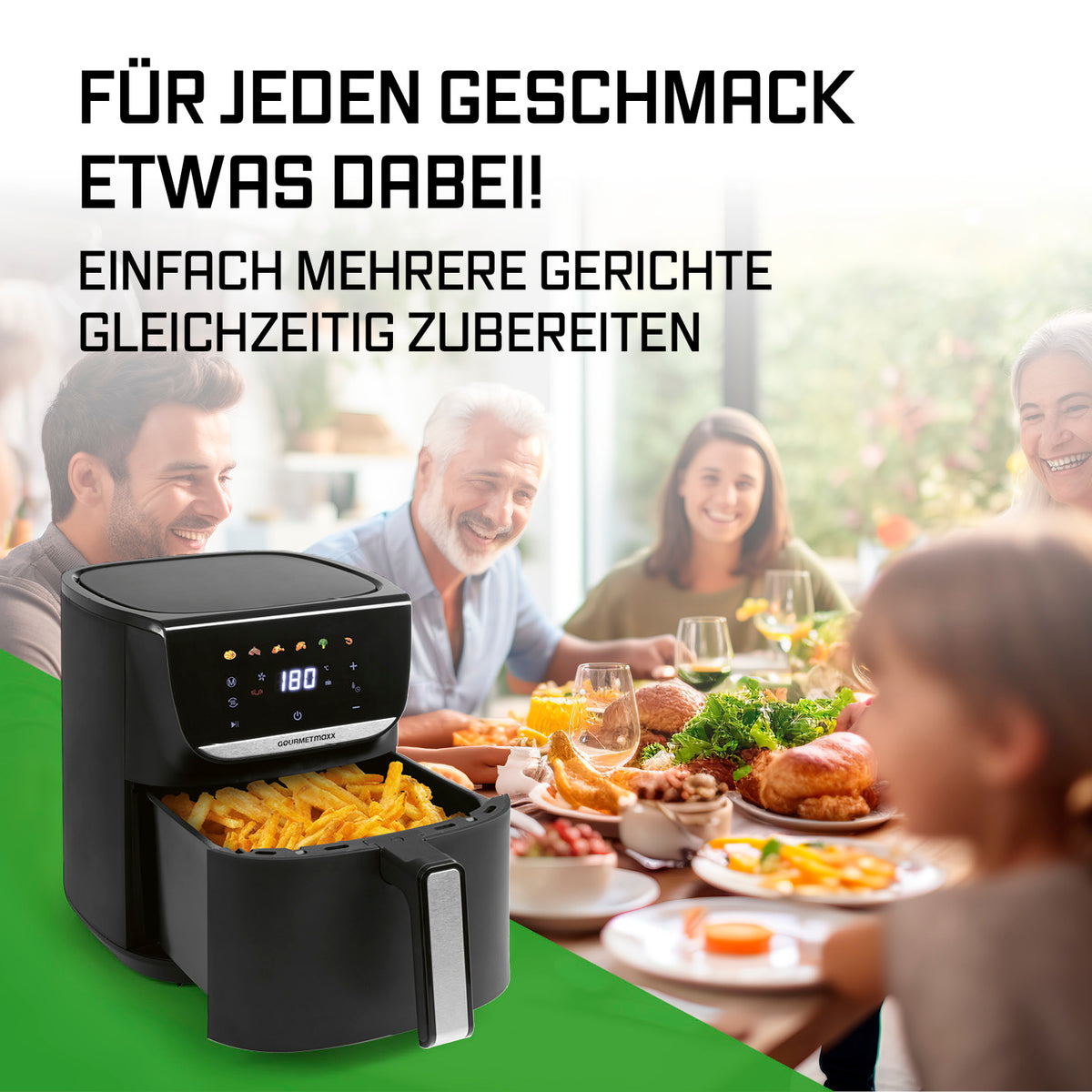Heißluftfritteuse - 5,5 Liter mit LED-Touchdisplay und 7 Programmen für fettarmes Frittieren und mehrere Gerichte gleichzeitig.
