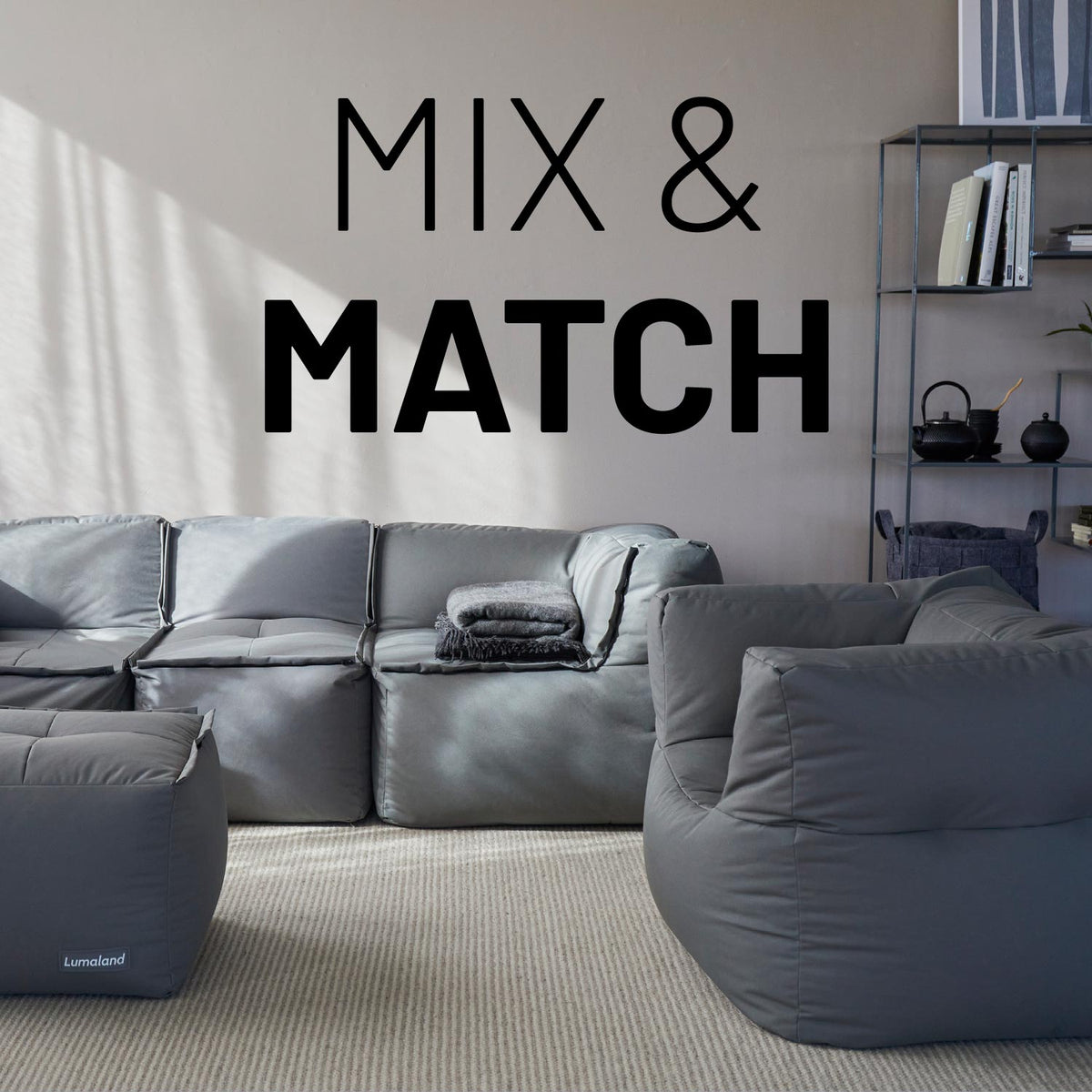 Sitzsack-Sofa Sessel (400 L) grau, modulare Sitzgruppe, indoor & outdoor, extragroß und mit pflegeleichtem, abwischbarem Bezug.