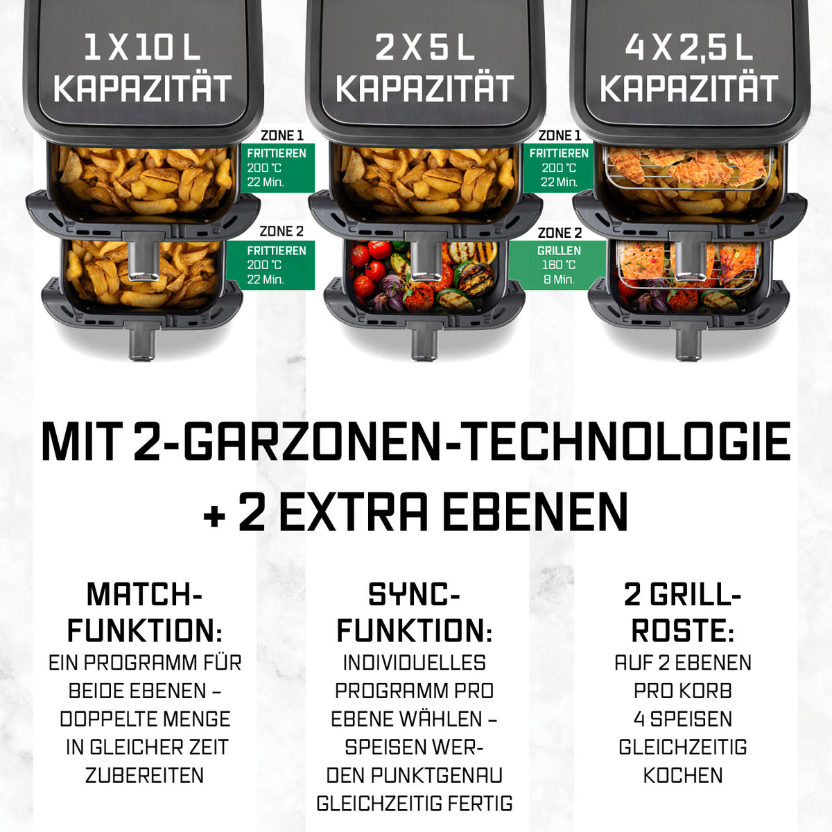FryUp Vertikale Doppelkammer-Heißluftfritteuse - Grau mit 2 Garzonen und 2 Ebenen für flexibel gleichzeitiges Garen verschiedener Speisen.
