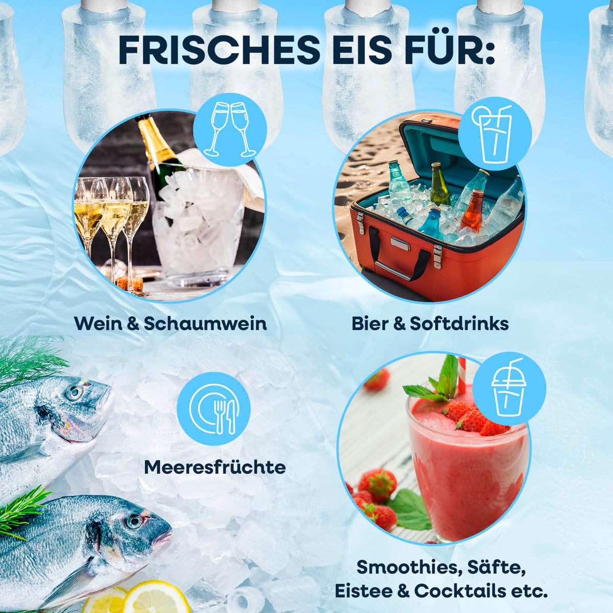 Eiswürfelmaschine inkl. Auffangbehälter & Eisschaufel für frisches Eis zu Getränken, Meeresfrüchten, Cocktails und mehr.